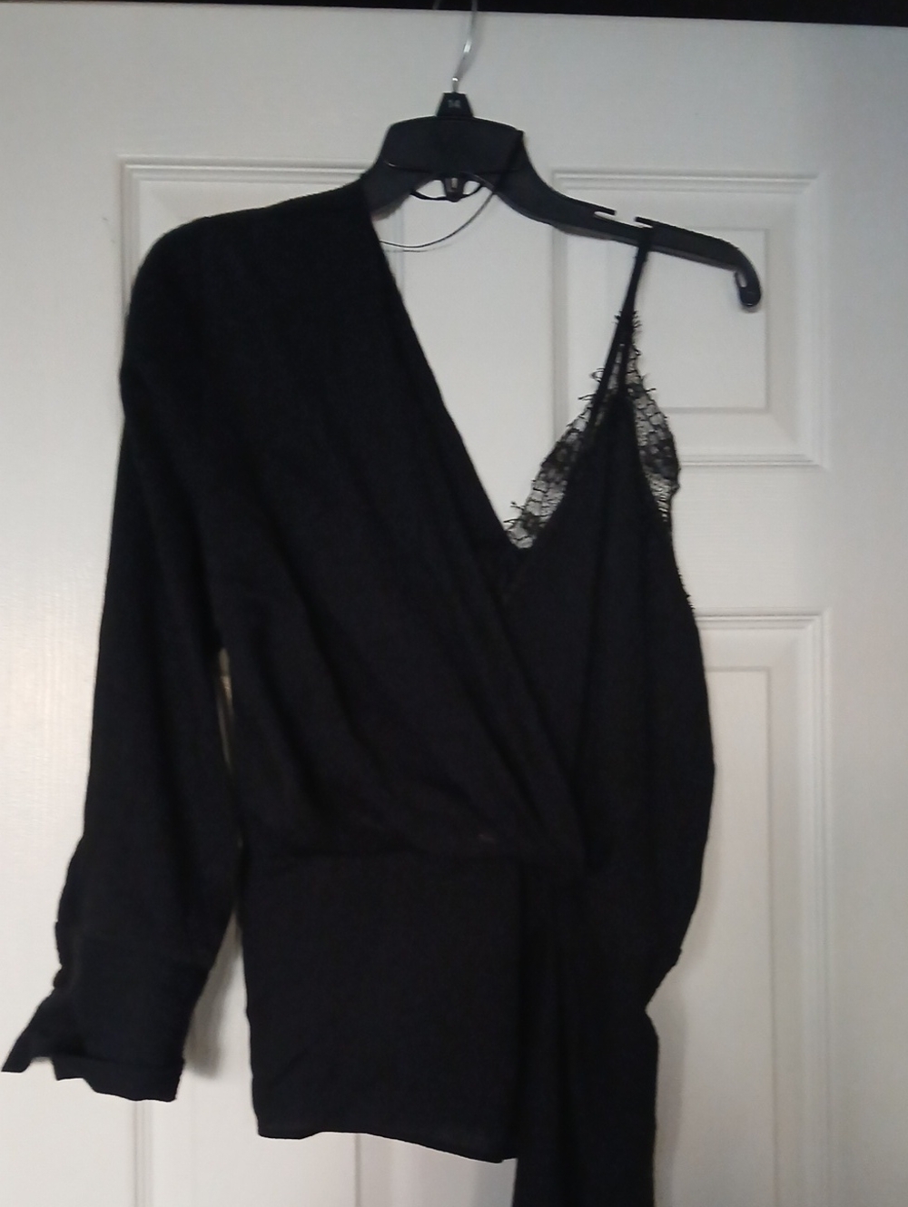 Zara Black Lace-Trim Wrap Chemise with One-Shoulder Sleeve